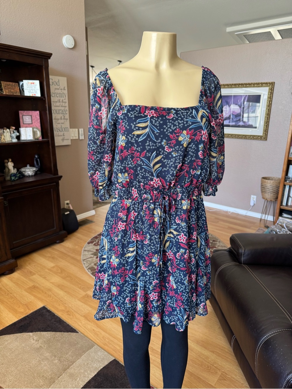 Trixxi navy floral square neckline elbow sleeves tunic-size L